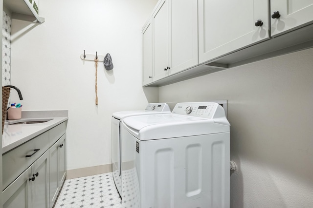 laundry room featuring cabinets, sink, and washer and dryer