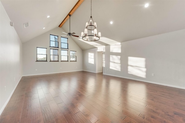 598 Dowell Rd, Rockwall, TX 75032 - unfurnished living room featuring beamed ceiling, a chandelier, a ceiling fan, high vaulted ceiling, and baseboards