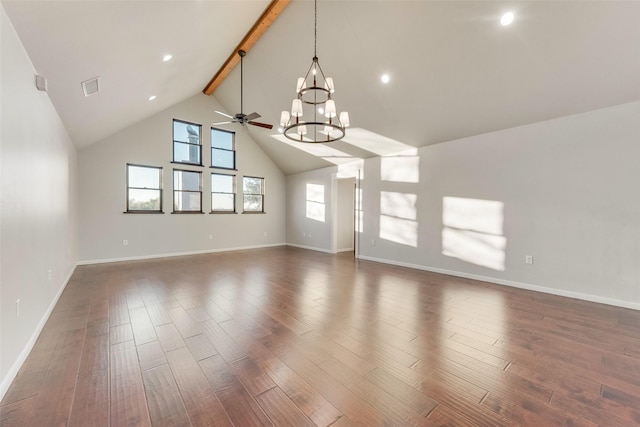 unfurnished living room with beamed ceiling, dark hardwood / wood-style floors, ceiling fan with notable chandelier, and high vaulted ceiling