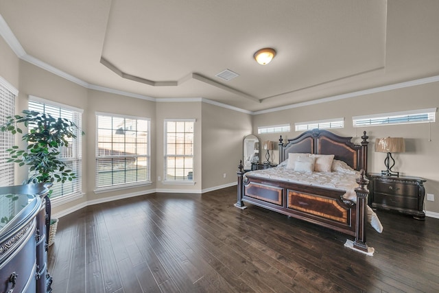 bedroom featuring dark hardwood / wood-style floors, a raised ceiling, and ornamental molding