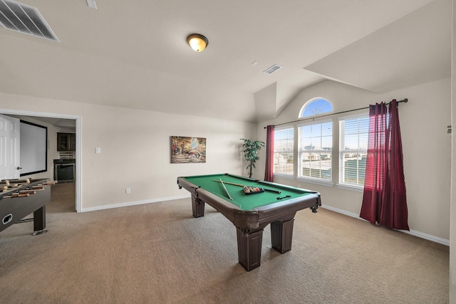 playroom with carpet, vaulted ceiling, and pool table