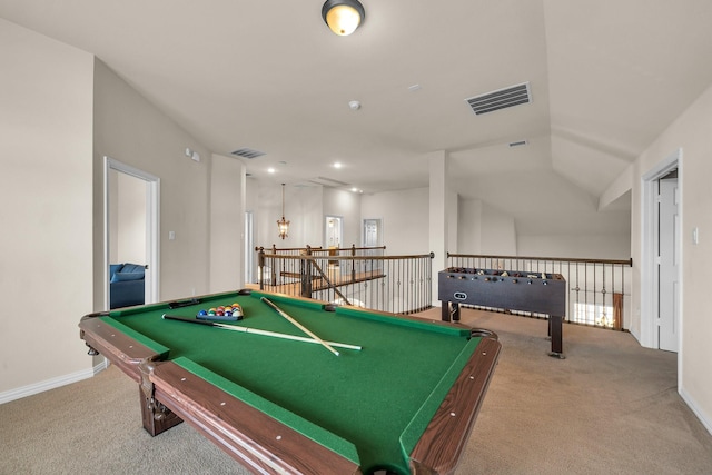 playroom featuring carpet flooring, lofted ceiling, and billiards