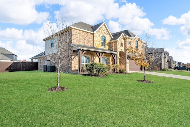 view of front of property with cooling unit and a front yard