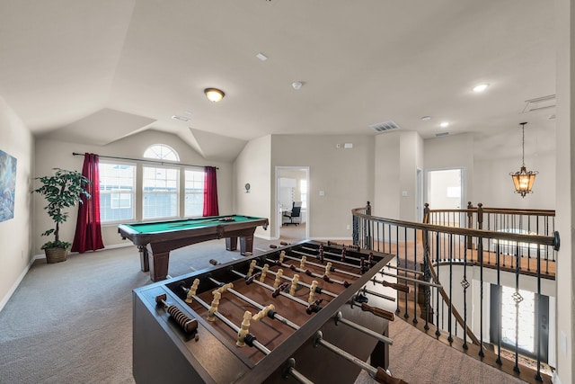 playroom with carpet flooring, vaulted ceiling, and billiards