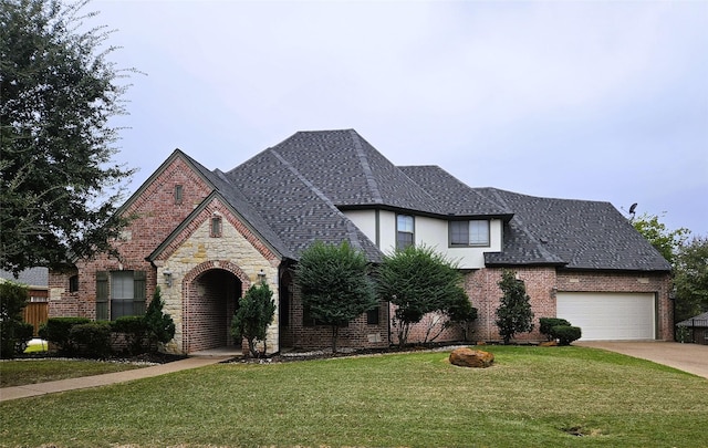 view of front of property featuring a garage and a front lawn