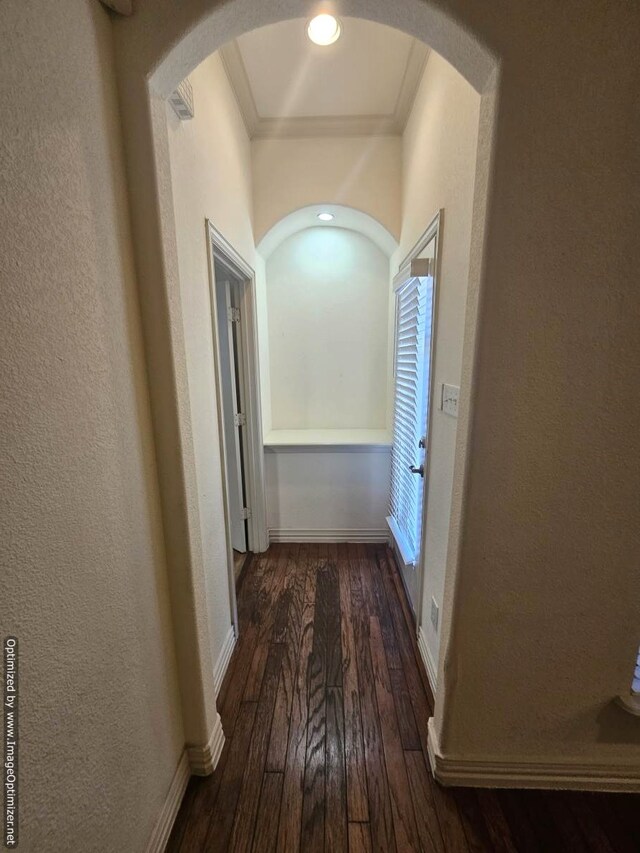 corridor with dark hardwood / wood-style flooring and ornamental molding