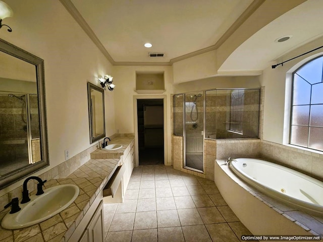 bathroom with tile patterned floors, vanity, separate shower and tub, and ornamental molding