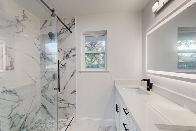 bathroom with vanity, a shower with shower door, and a baseboard heating unit