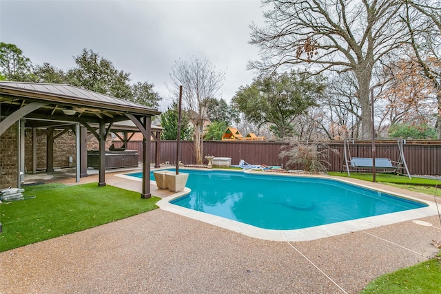 view of pool featuring a gazebo, a patio area, and a lawn