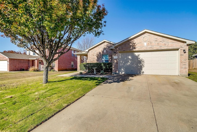 ranch-style home featuring a garage, central AC unit, and a front lawn