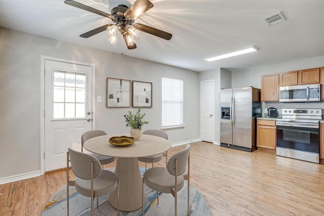 dining area with ceiling fan and light wood-type flooring