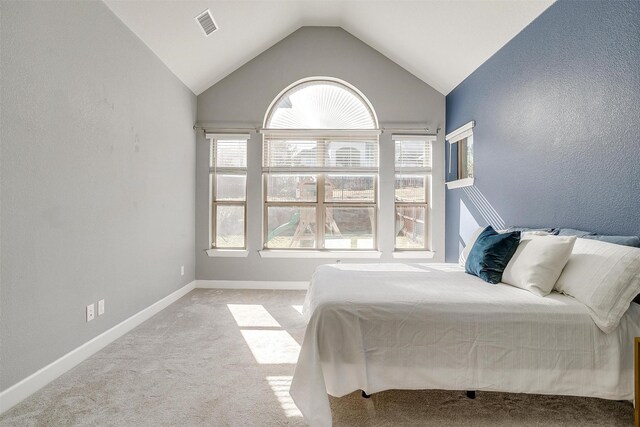 carpeted bedroom featuring lofted ceiling