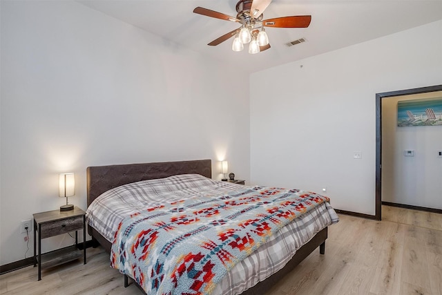 bedroom featuring ceiling fan and light hardwood / wood-style flooring