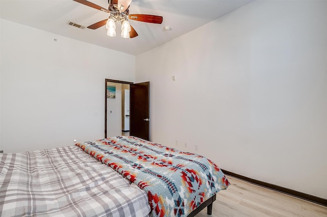 bedroom featuring ceiling fan and light wood-type flooring