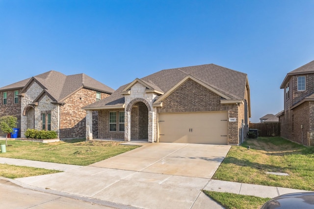 view of front of property featuring a garage and a front lawn