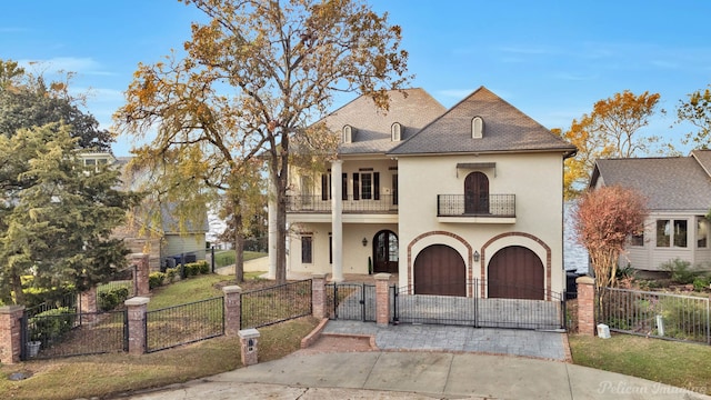 view of front of home with a garage and a balcony