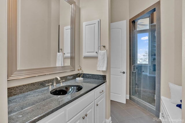 bathroom featuring tile patterned floors, vanity, and an enclosed shower