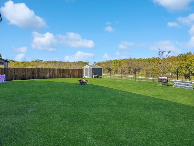 view of yard featuring a storage unit