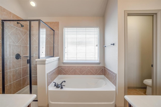 full bathroom with plenty of natural light, lofted ceiling, and vanity