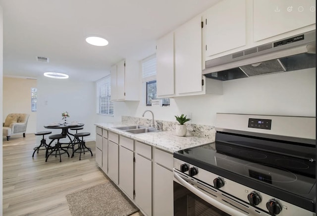 kitchen with sink, light hardwood / wood-style flooring, white cabinetry, and stainless steel range oven