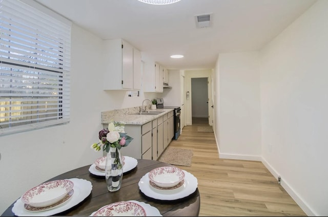 kitchen with white cabinetry, light hardwood / wood-style flooring, stainless steel range with electric stovetop, and sink