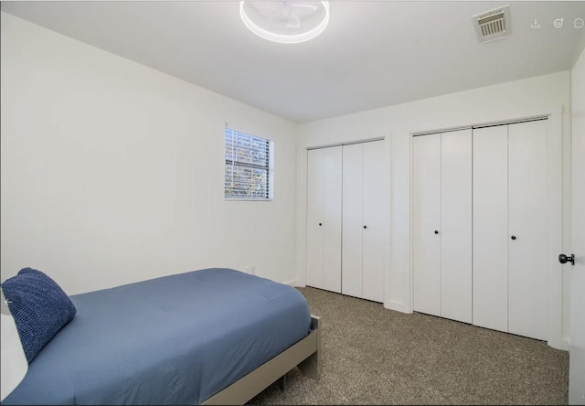 carpeted bedroom featuring multiple closets