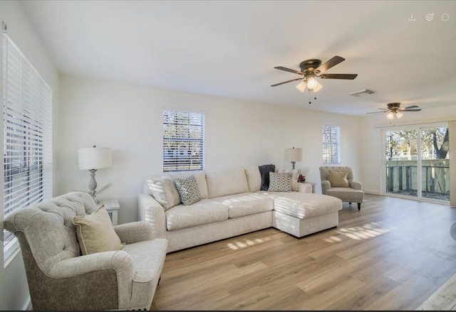 living room featuring ceiling fan and light hardwood / wood-style floors