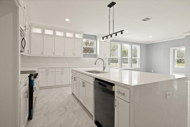 kitchen with marble finish floor, a center island with sink, stainless steel appliances, visible vents, and a sink