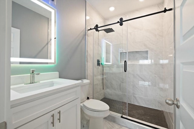 full bath with toilet, a stall shower, and vanity