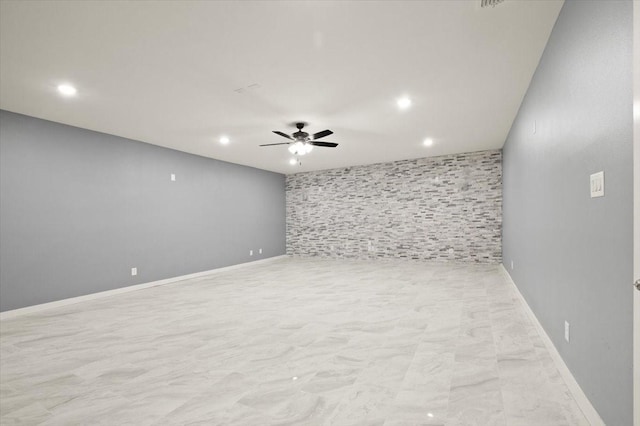 empty room featuring recessed lighting, ceiling fan, and baseboards