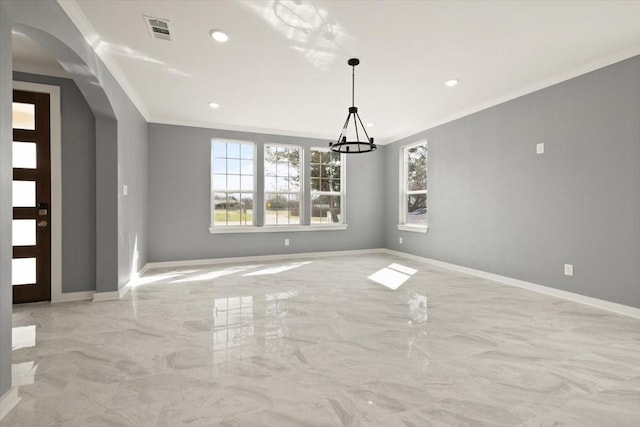 interior space with arched walkways, marble finish floor, visible vents, and plenty of natural light