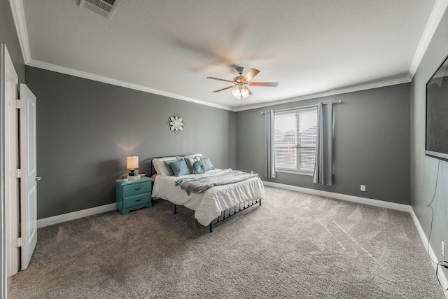 bedroom featuring carpet flooring, ceiling fan, and ornamental molding