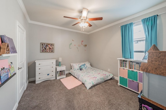 carpeted bedroom featuring ceiling fan and ornamental molding