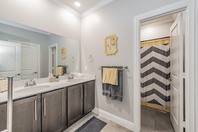 bathroom with tile patterned floors, a shower with curtain, crown molding, and vanity