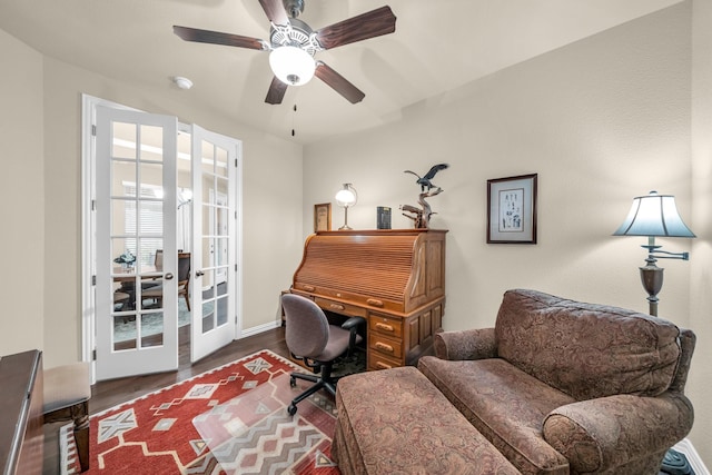 office space with ceiling fan, french doors, and dark wood-type flooring