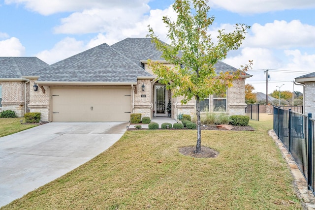 view of front of home featuring a front yard and a garage