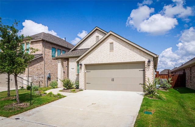 view of front of home with a front yard and a garage