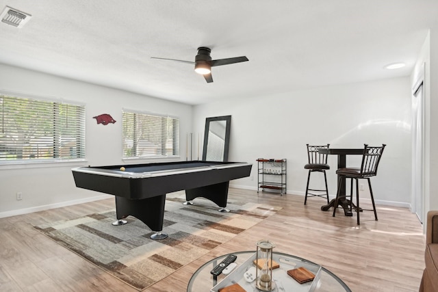 recreation room with ceiling fan, billiards, and light hardwood / wood-style floors