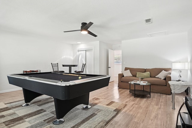 rec room featuring ceiling fan, billiards, and light wood-type flooring