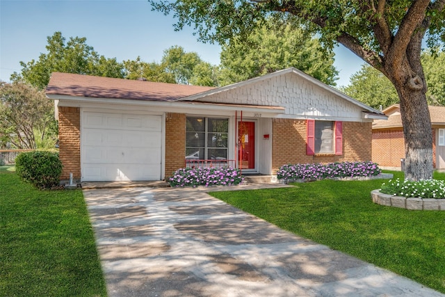 single story home featuring a garage and a front lawn