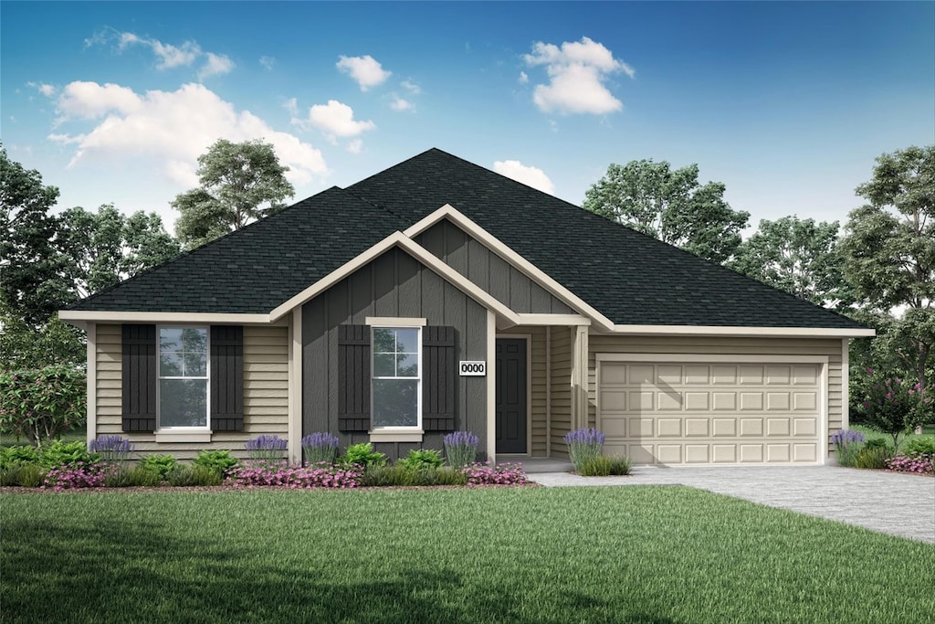 view of front of property featuring decorative driveway, a shingled roof, board and batten siding, a front yard, and a garage