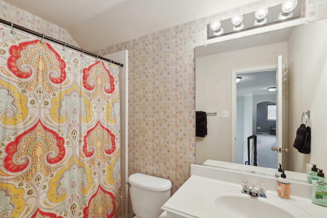 bathroom with walk in shower, vanity, vaulted ceiling, and toilet