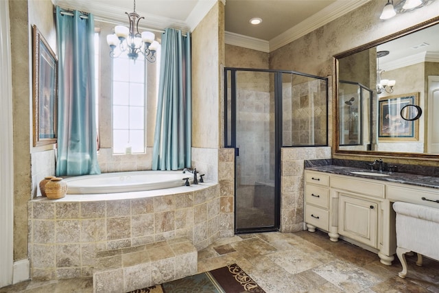 bathroom featuring ornamental molding, a chandelier, and separate shower and tub