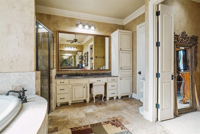 bathroom featuring crown molding, vanity, and plus walk in shower