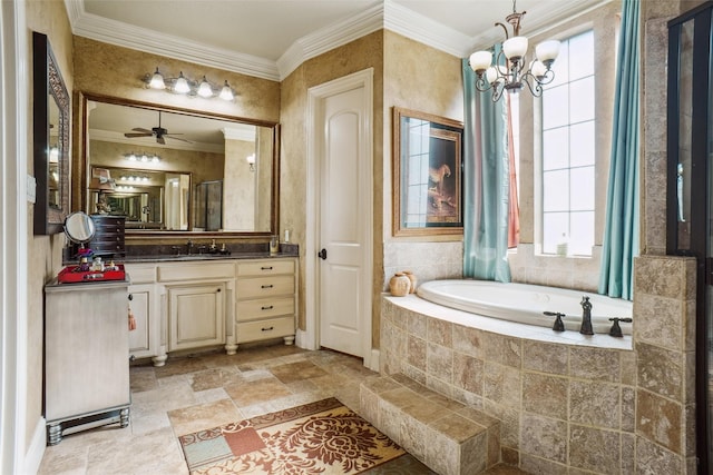 bathroom featuring crown molding, vanity, a relaxing tiled tub, and a notable chandelier