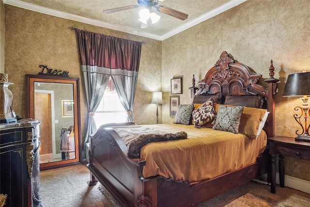 carpeted bedroom featuring crown molding and ceiling fan