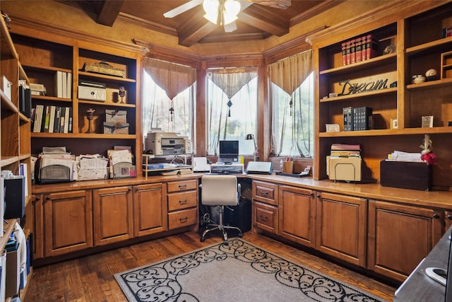 office area featuring beamed ceiling, dark hardwood / wood-style flooring, ornamental molding, coffered ceiling, and ceiling fan