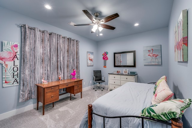 bedroom with ceiling fan and light colored carpet