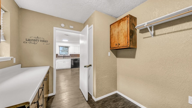 interior space featuring a textured ceiling, sink, and dark wood-type flooring