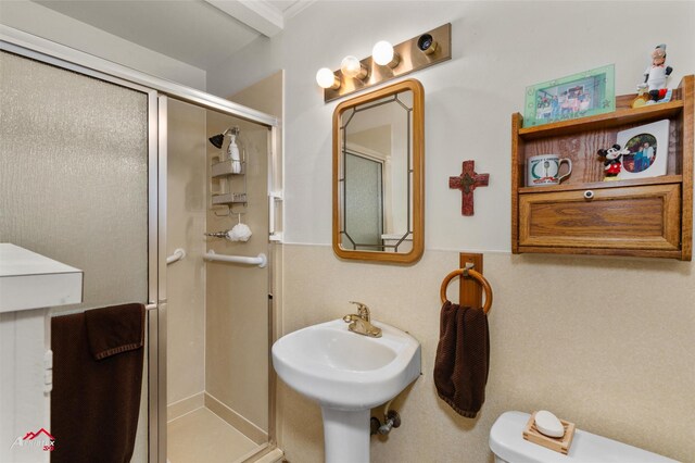 bathroom featuring toilet, sink, and a shower with shower door